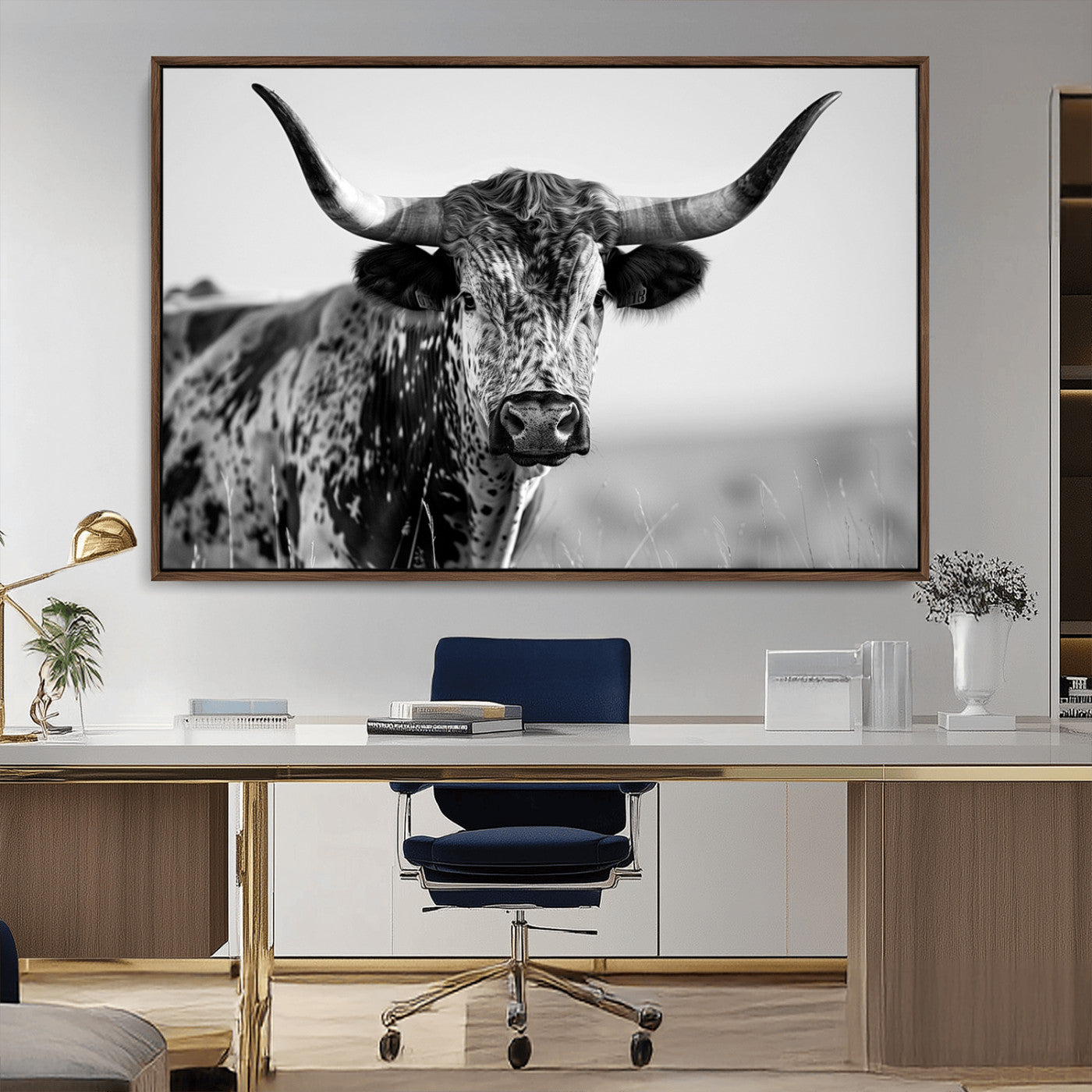 MGV-FC-36X24 - Texas Highland Cow Longhorn Canvas Print - Rustic Farmhouse Wall Art - Large Texas Longhorn