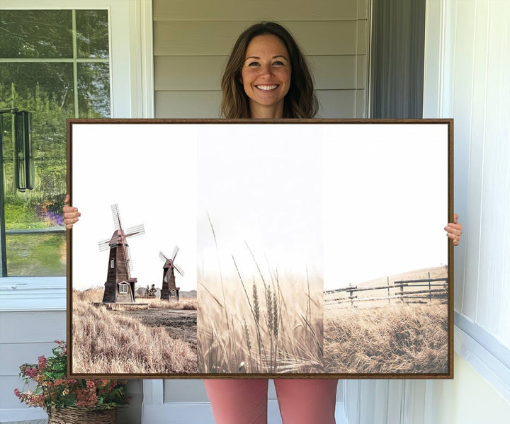 Farmhouse wall art set: 3 giclee canvas prints featuring windmills and wheat fields.