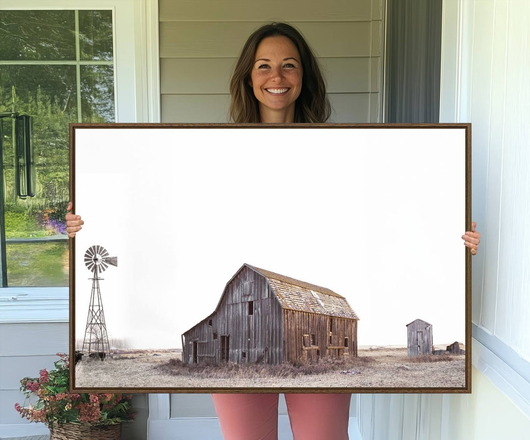 The Set of 3 Rustic Farmhouse Wall Art Prints features a barn, wheat field, and landscape.