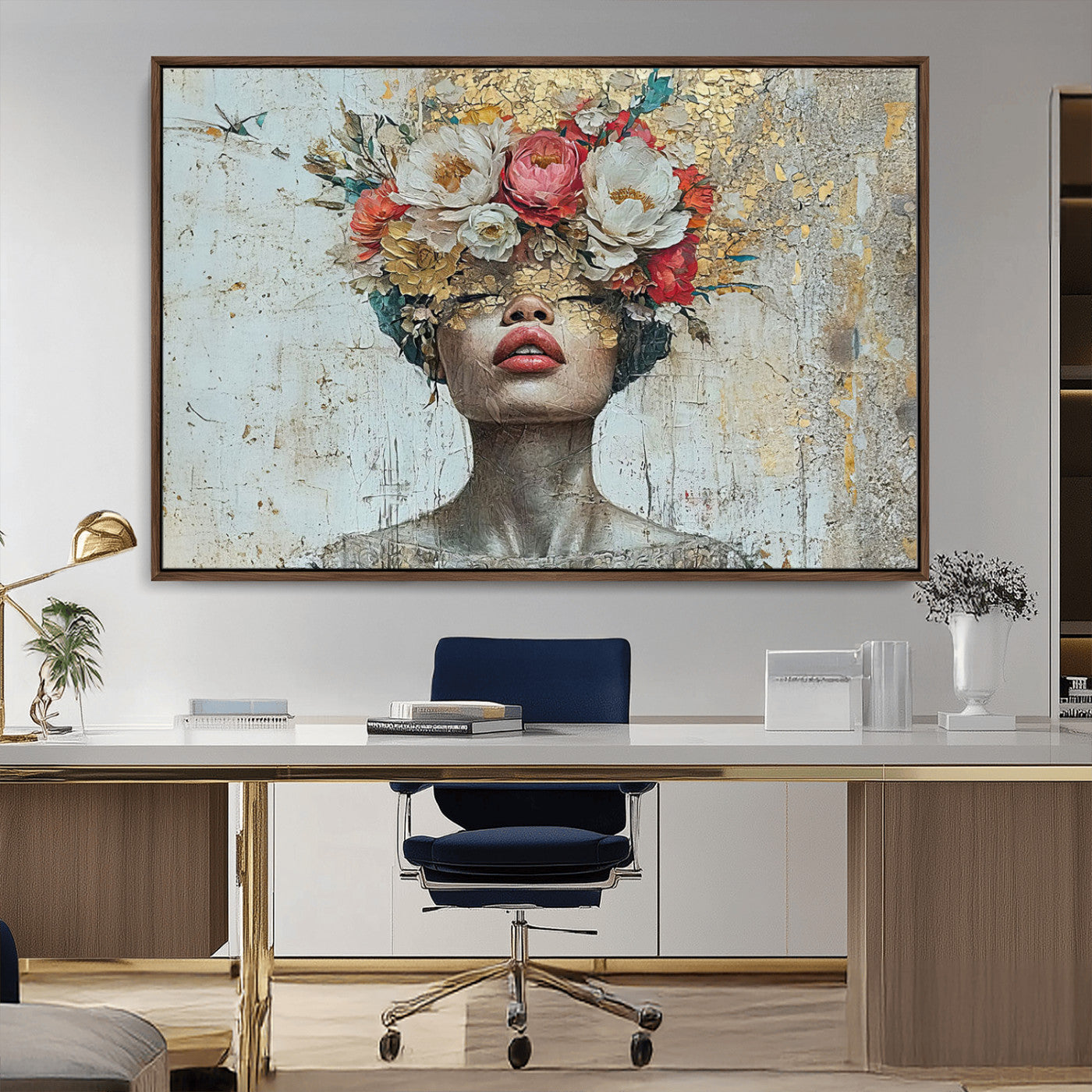MGV-FC-36X24 - Golden Petal Wall Art Canvas Print - Silhouette Woman Wall Art Canvas Print, Floral Woman Portrait