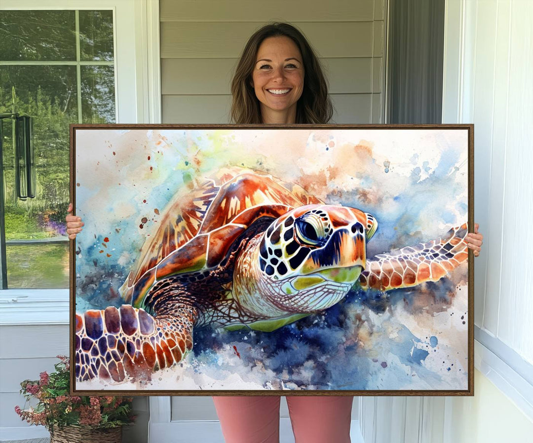 A Watercolor Sea Turtle Canvas Print with vibrant ocean colors adorns the wall.