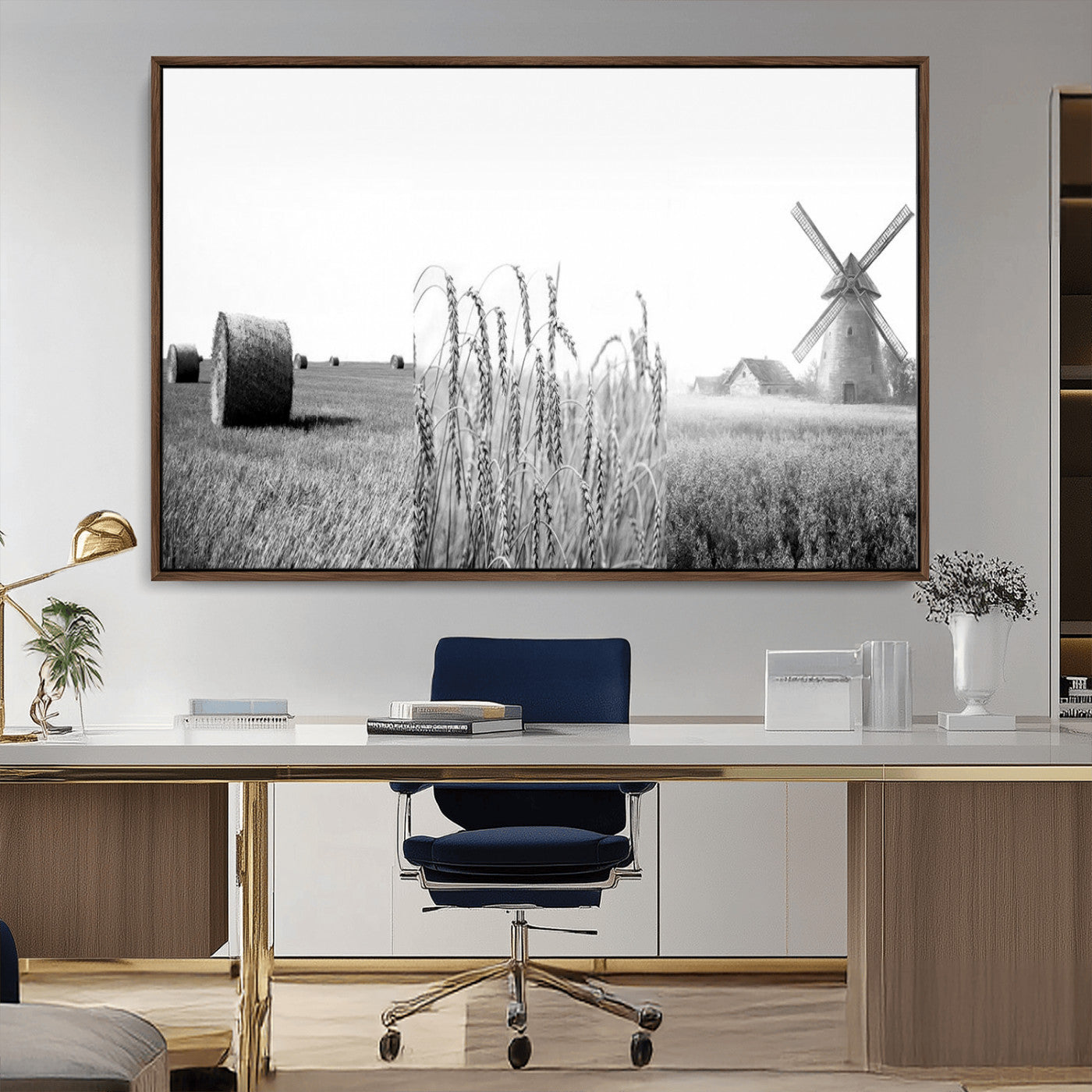 MGV-FC-36X24 - Vintage Farmhouse Black and White Triptych Wall Art – Giclee Canvas Featuring Wheat Fields, Hay