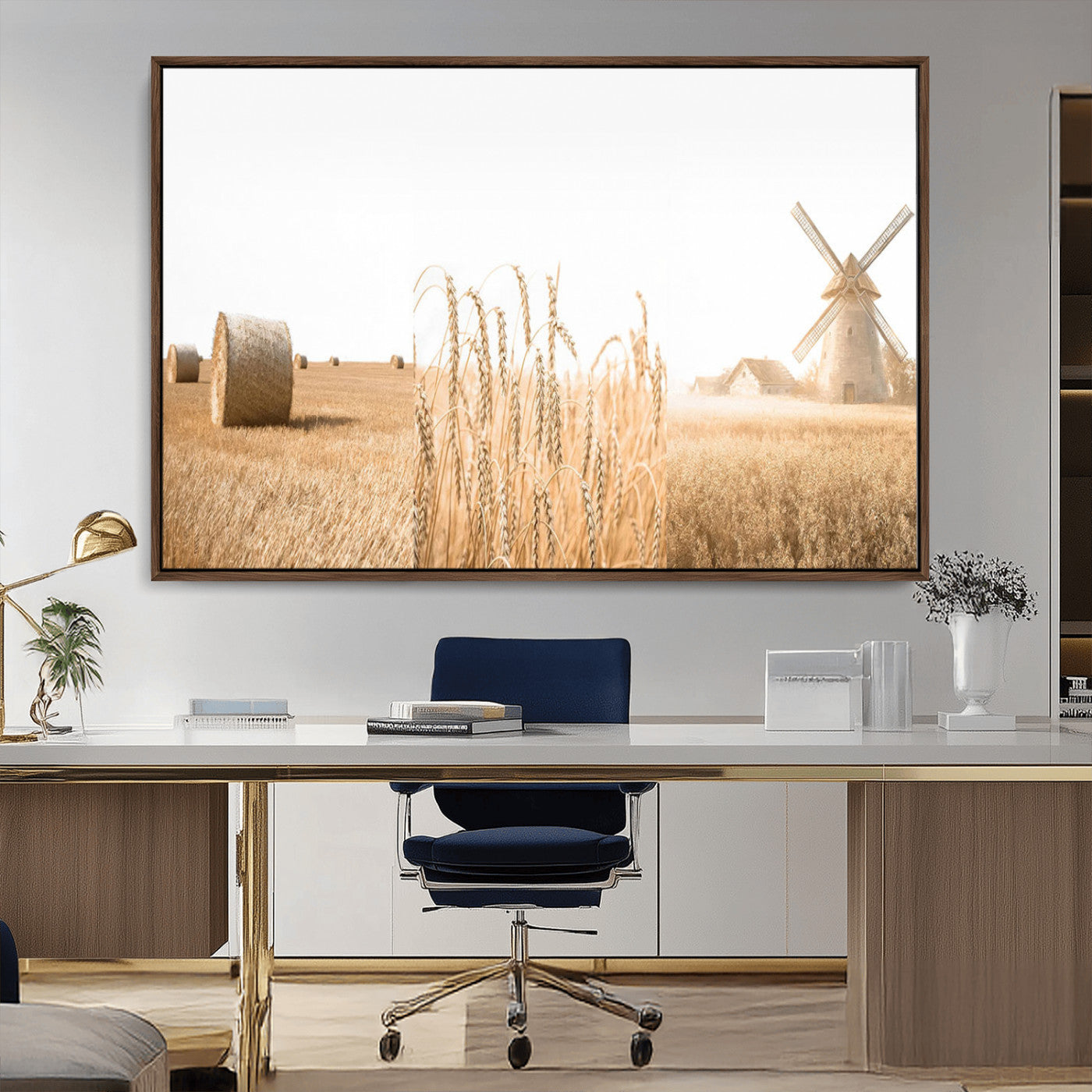 MGV-FC-36X24 - Vintage Farmhouse Triptych Wall Art – Giclée Canvas Featuring Wheat Fields, Hay Bales, and a