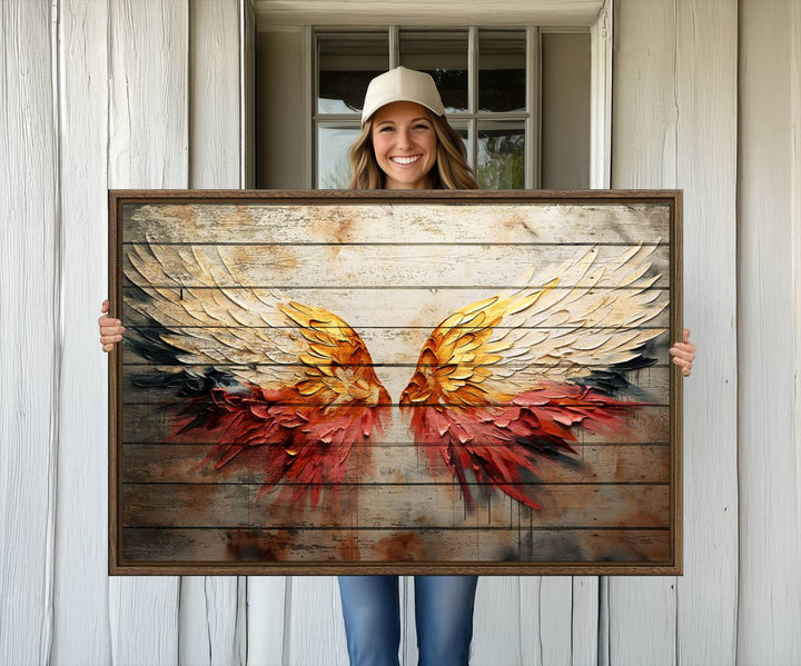 Abstract Angel Wings Canvas Art on a wooden backdrop.