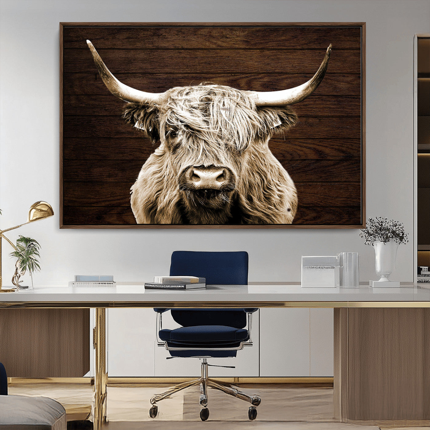 MGV-FC-36X24 - Highland Cow Wall Art Canvas Print, Rustic Farmhouse Decor, Majestic Scottish Highland Bull Portrait