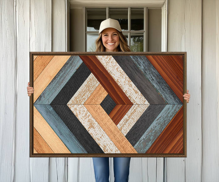 A Geometric Wood Art Wall Decor with a rustic pattern hangs prominently.