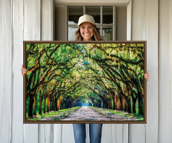 The Serene Tree Tunnel Canvas Print decorates the wall.