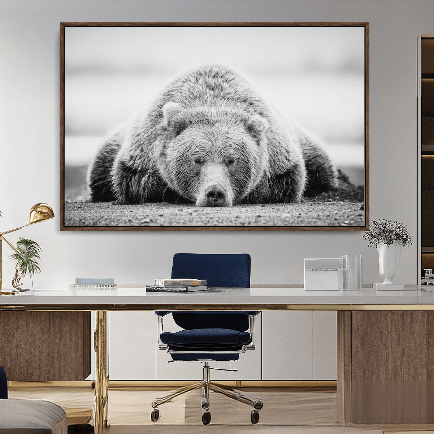 MGV-FC-36X24 - Resting Grizzly Bear Wall Art Canvas Print – Majestic Lazy Black and White Wildlife Bear Art,