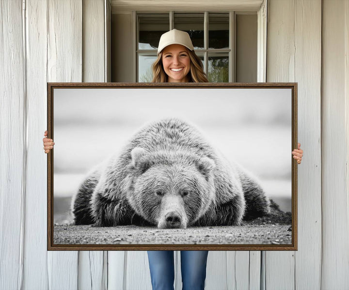 Resting Grizzly Bear wall art displayed in a modern room.