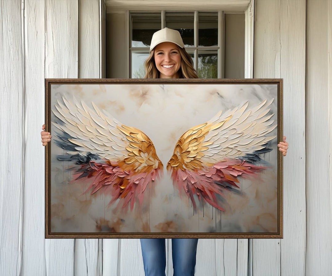 The Golden Angel Wings canvas print elegantly adorns the wall.