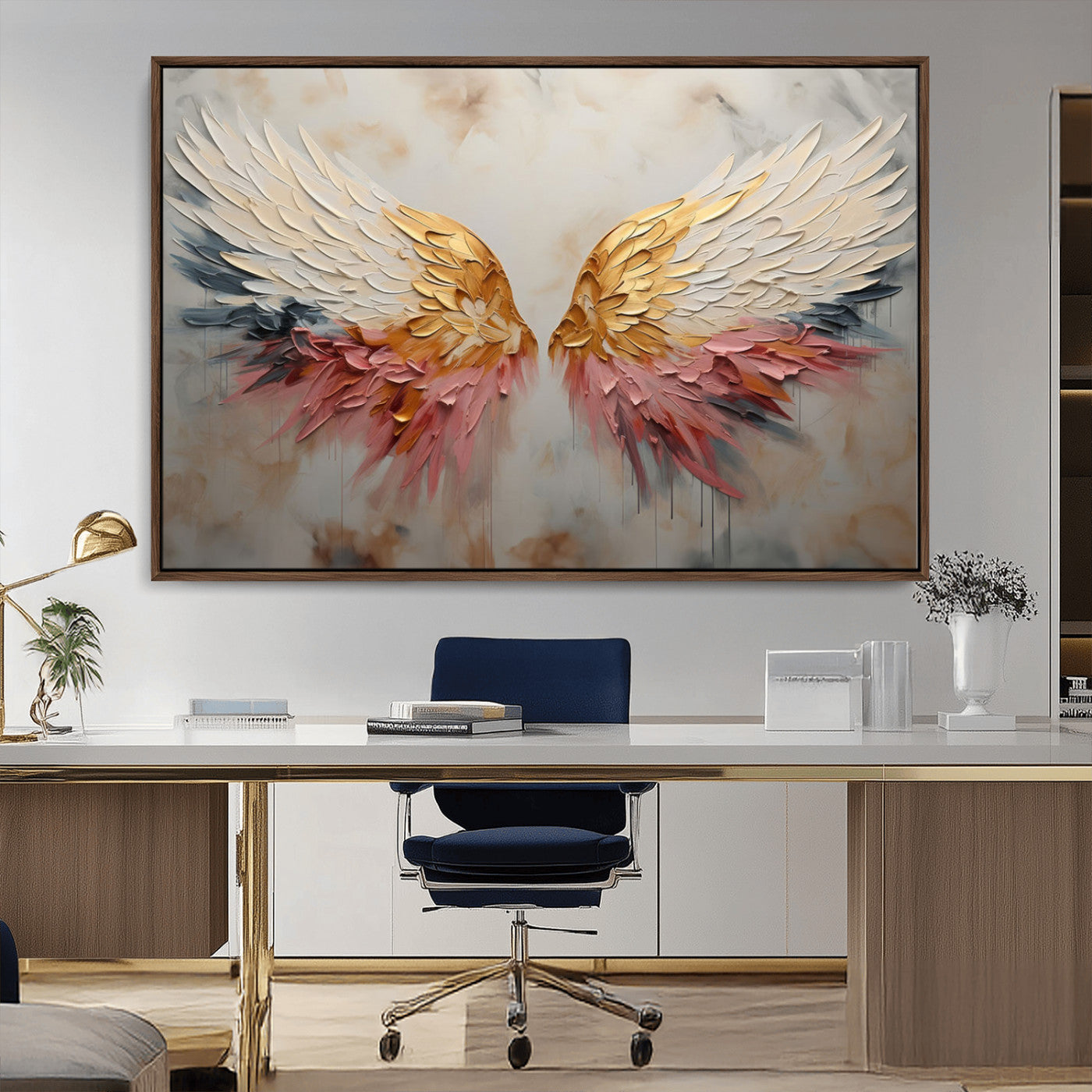 MGV-FC-36X24 - Golden Angel Wings Wall Art Canvas Print – Stunning Abstract Winged Art for Elegant Home Decor –