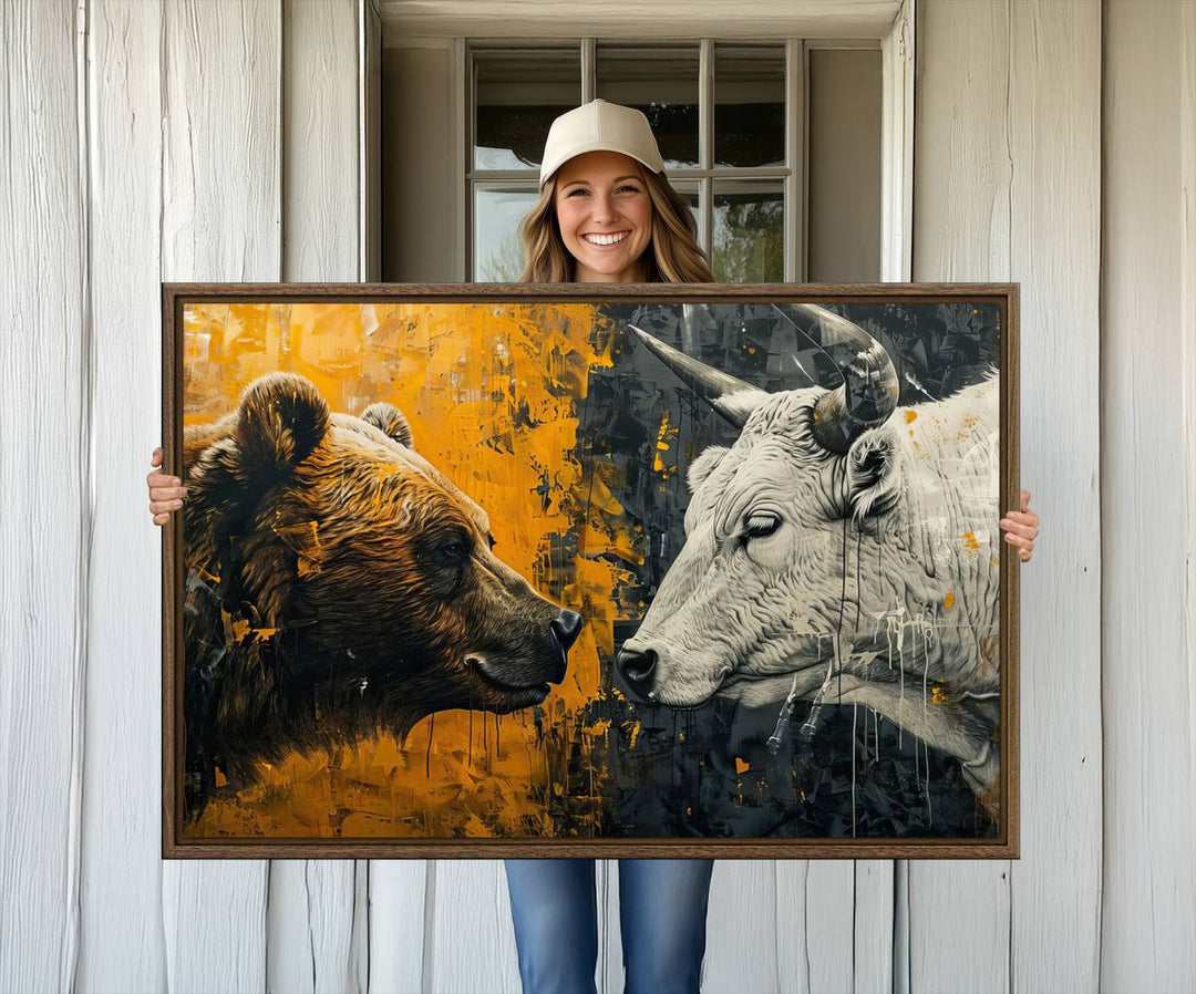 The Bear and Bull Wall Art Canvas Print adorns the wall.