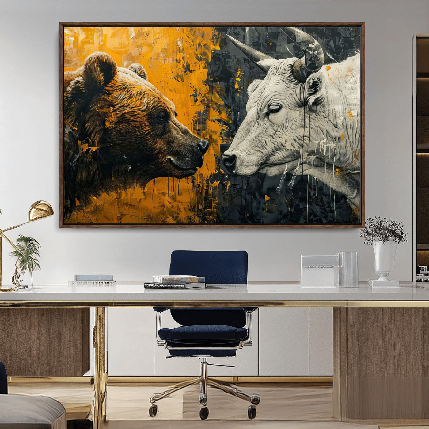 MGV-FC-36X24 - Bear and Bull Wall Art Canvas Print – Abstract Animal Portrait Painting for Modern Home Decor –