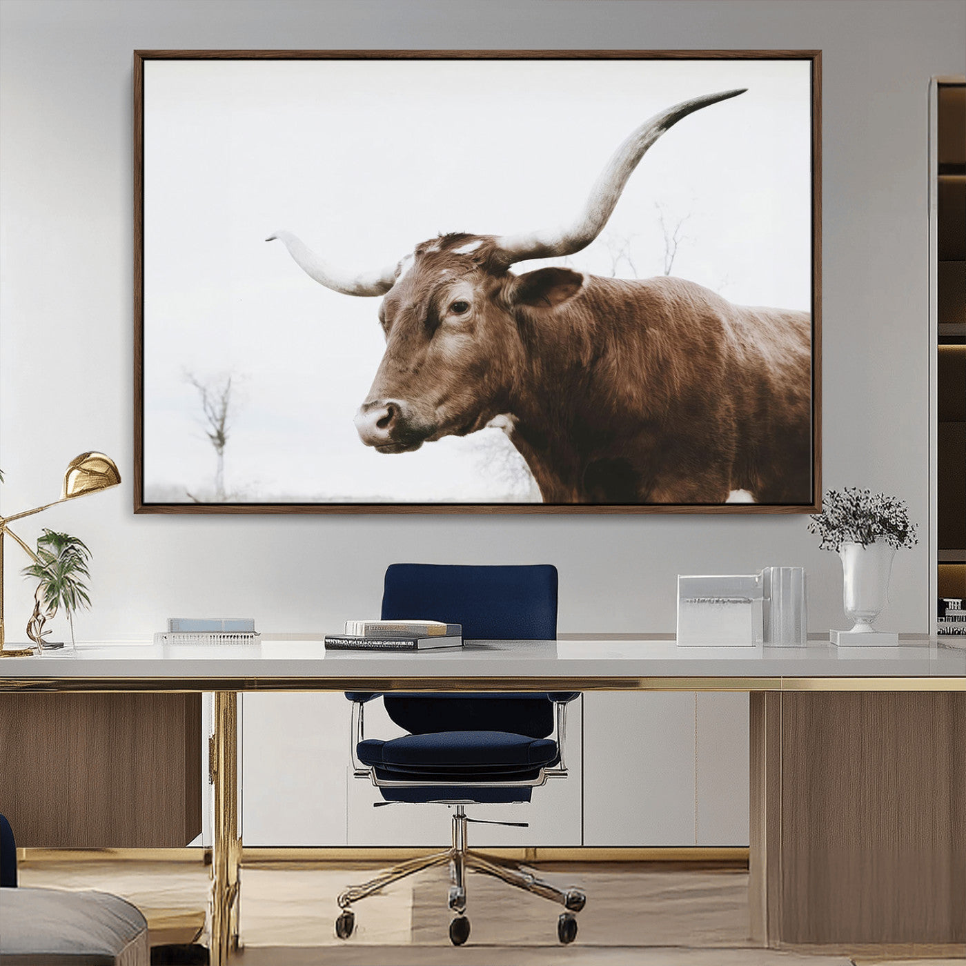 MGV-FC-36X24 - Rustic Bull Wall Art Canvas Print – Modern Longhorn Farmhouse Animal Decor – Abstract Farm Cow