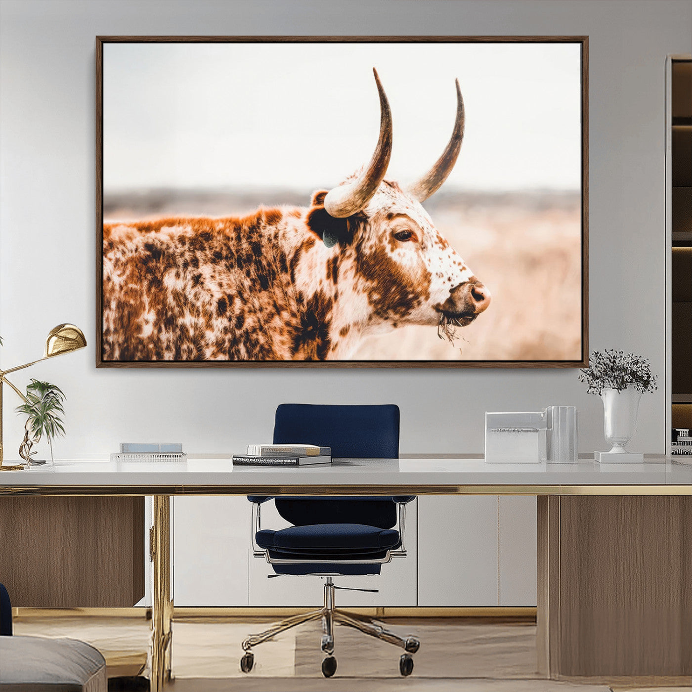 -Speckled Bull Wall Art Canvas Print – Rustic Cow Longhorn Farmhouse Animal Decor – Western Longhorn