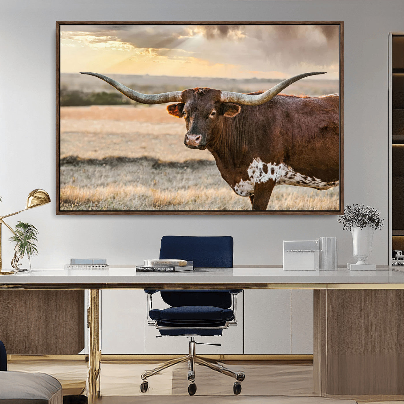 MGV-FC-36X24 - Texas Longhorn Wall Art Canvas Print, Rustic Ranch Decor, Majestic Western Longhorn Cattle