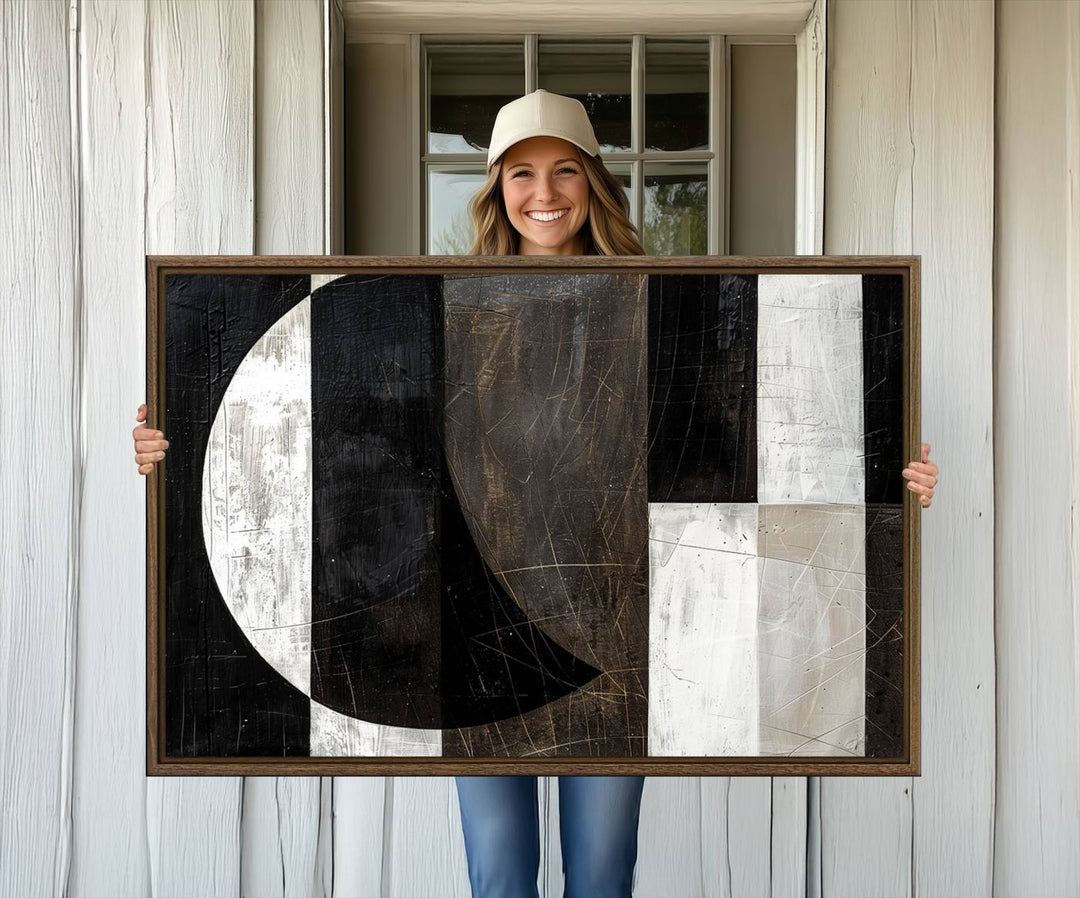 Wabi Sabi Wall Art Canvas Set features black, white, and brown geometric shapes.