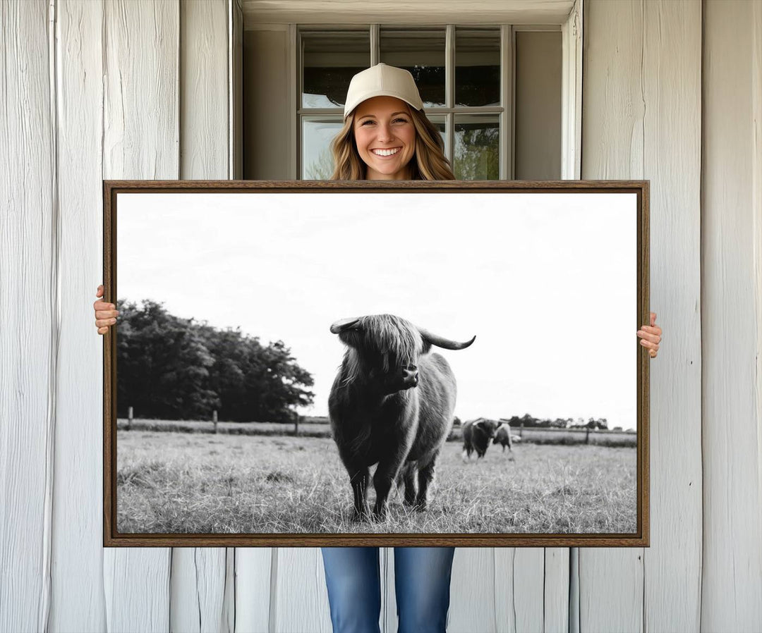 The Black and White Highland Cow Canvas Print is perfect rustic western decor.