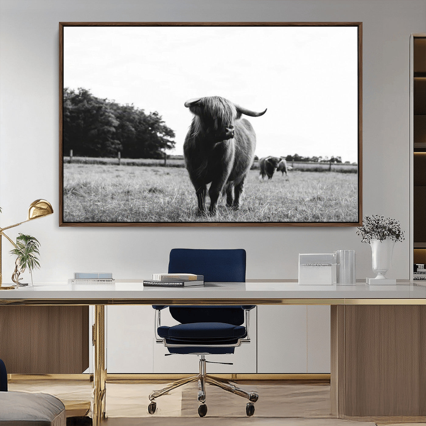 MGV-FC-36X24 - Black and White Highland Cow Wall Art Canvas Print | Rustic Western Decor for Living Room or Office,