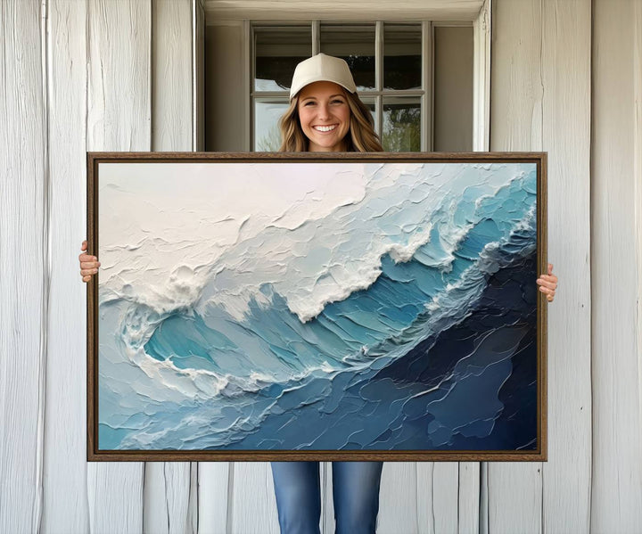 A Blue Abstract Wave Ocean Wall Art Canvas Print adorns the wall.