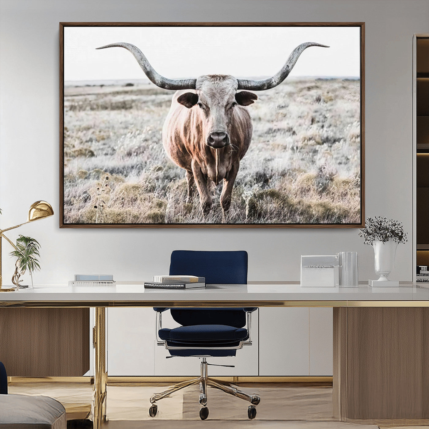 -Rustic Texas Longhorn Wall Art Canvas Print | Western Farmhouse Decor for Living Room or Office,