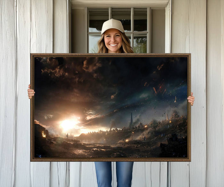 The Avengers Planet Wall Art Canvas Print depicts a stormy sky with figures.