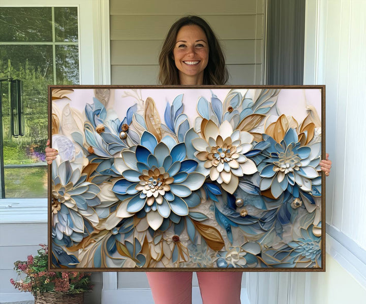 Blu Abstract Flower Canvas with blue, white, and gold petals—perfect home decor.