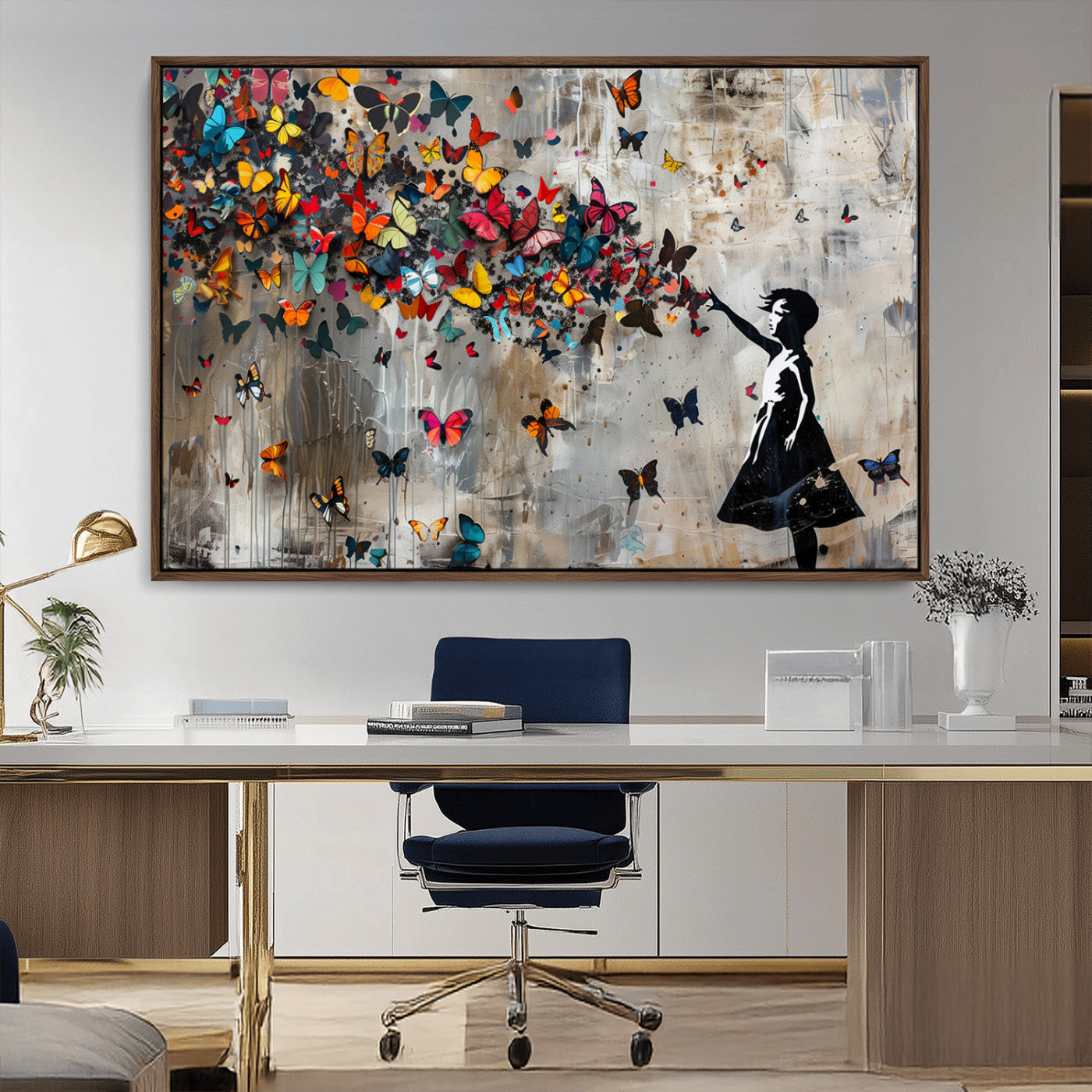 MGV-FC-36X24 - Banksy Wall Art - Banksy Girl and Butterfly Explosion Wall Art Canvas Print | Girl with Butterflies