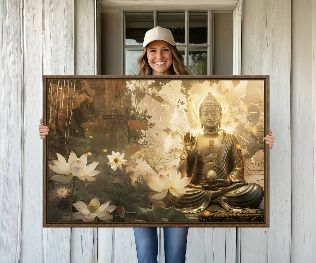 The living room features the Zen Buddha Wall Art Canvas Print with lotus flowers.