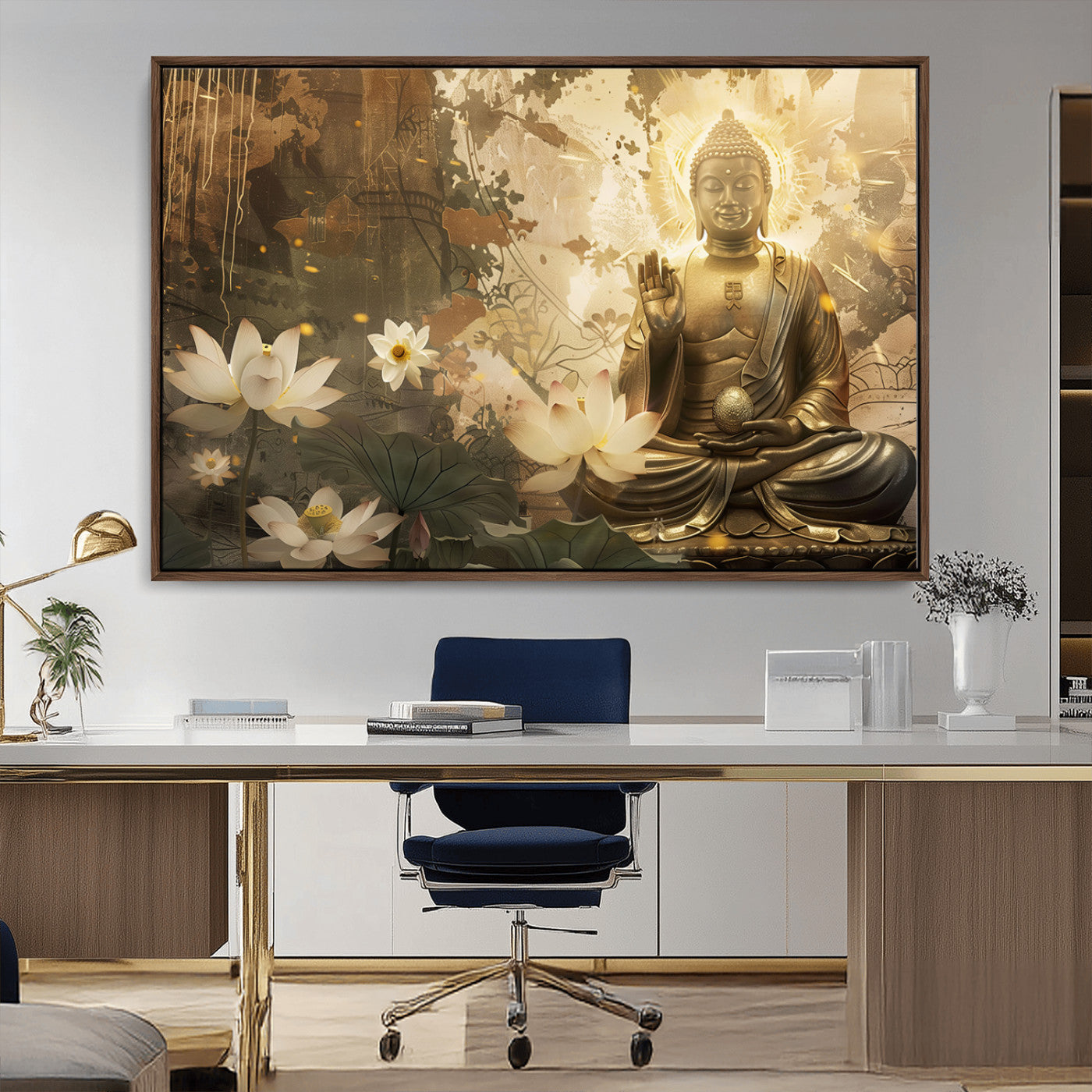 MGV-FC-36X24 - Zen Buddha Wall Art Canvas Print | Peaceful Meditation Decor with Lotus Flowers | Spiritual Serenity