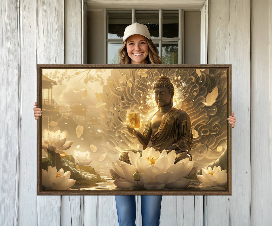 A framed Golden Buddha Wall Art with lotus flowers, ideal for meditation rooms, is beautifully displayed.