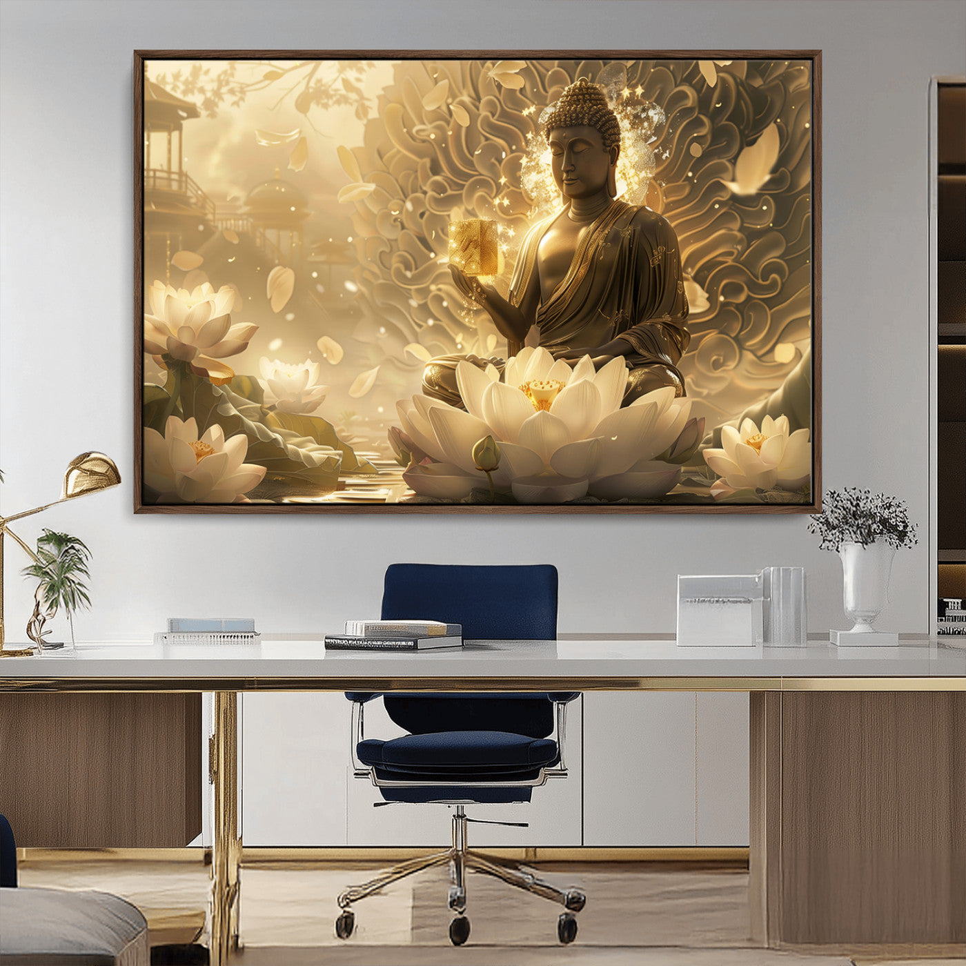 MGV-FC-36X24 - Golden Buddha Wall Art | Yoga Room Decor and Meditation Room Wall Art | Framed and Ready to Hang