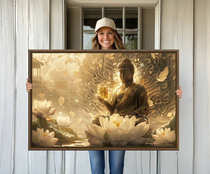 A framed Golden Buddha Wall Art with lotus flowers, ideal for meditation rooms, is beautifully displayed.