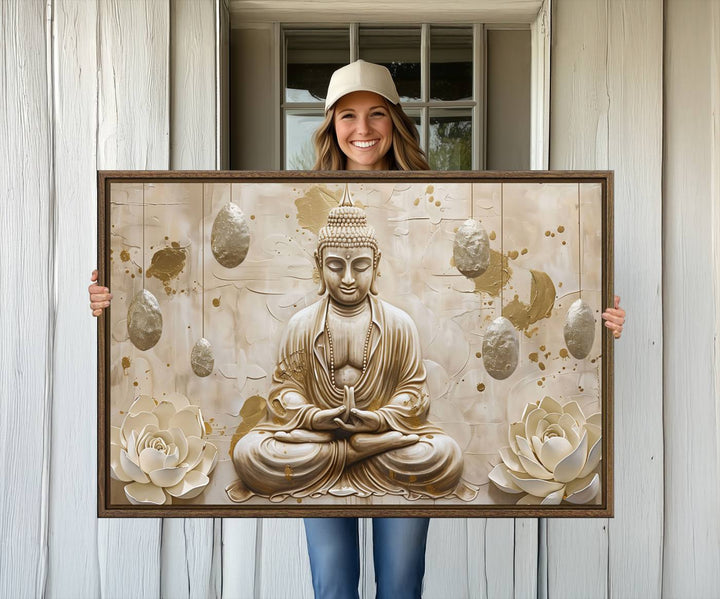 A modern Serene Buddha Wall Art, enhanced by lotus flowers, creates a tranquil atmosphere.