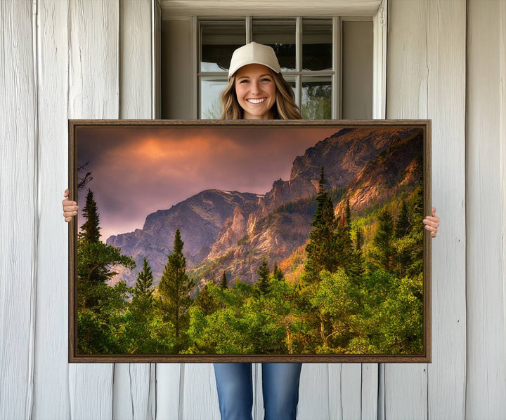 The Colorado Rockies Mountains wall art canvas print at sunset is displayed prominently.