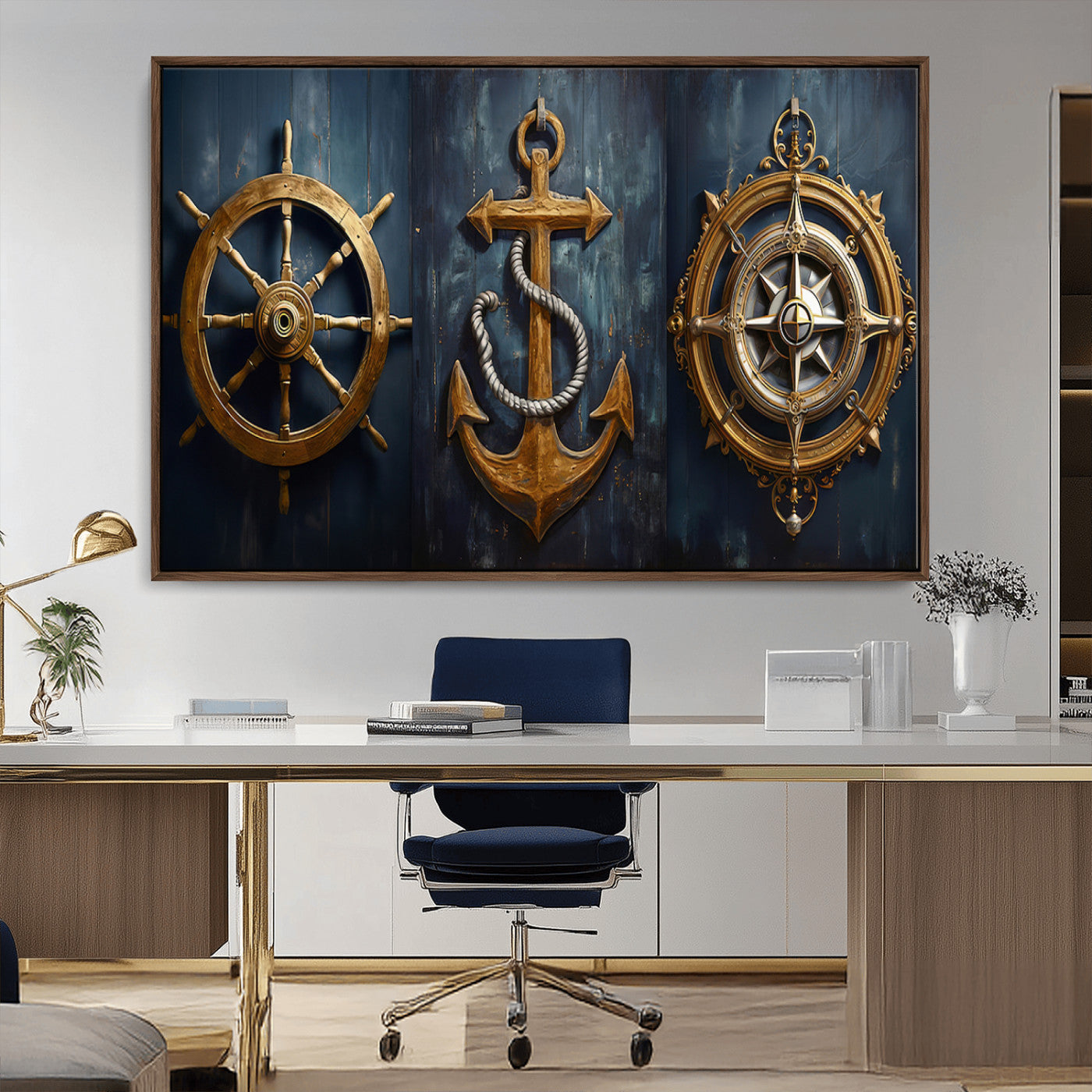 MGV-FC-36X24 - Boat Anchor Compass With Rope Wall Art Canvas Print | Beach House Wall Art