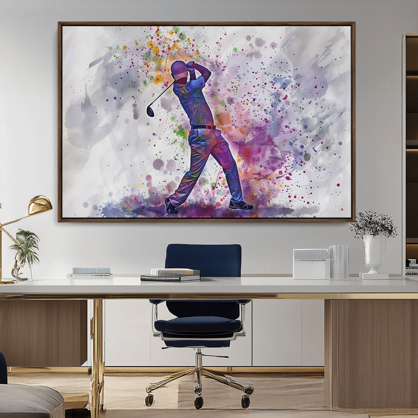 MGV-FC-36X24 - Watercolor Golf Swing Wall Art Canvas Print | Vibrant Abstract Golf Player Silhouette |