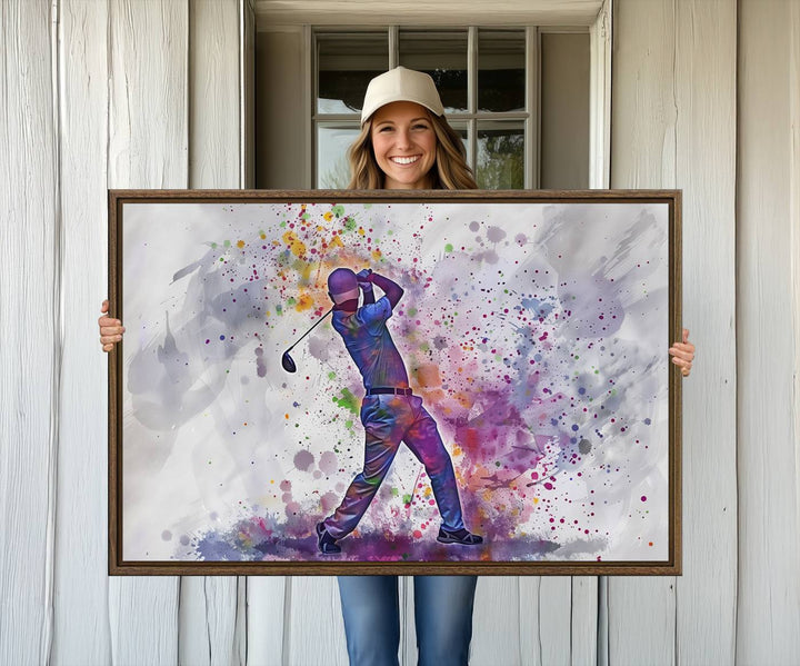 Vibrant abstract silhouette of a golf swing on white with multicolored splatters. Perfect for enthusiasts!.