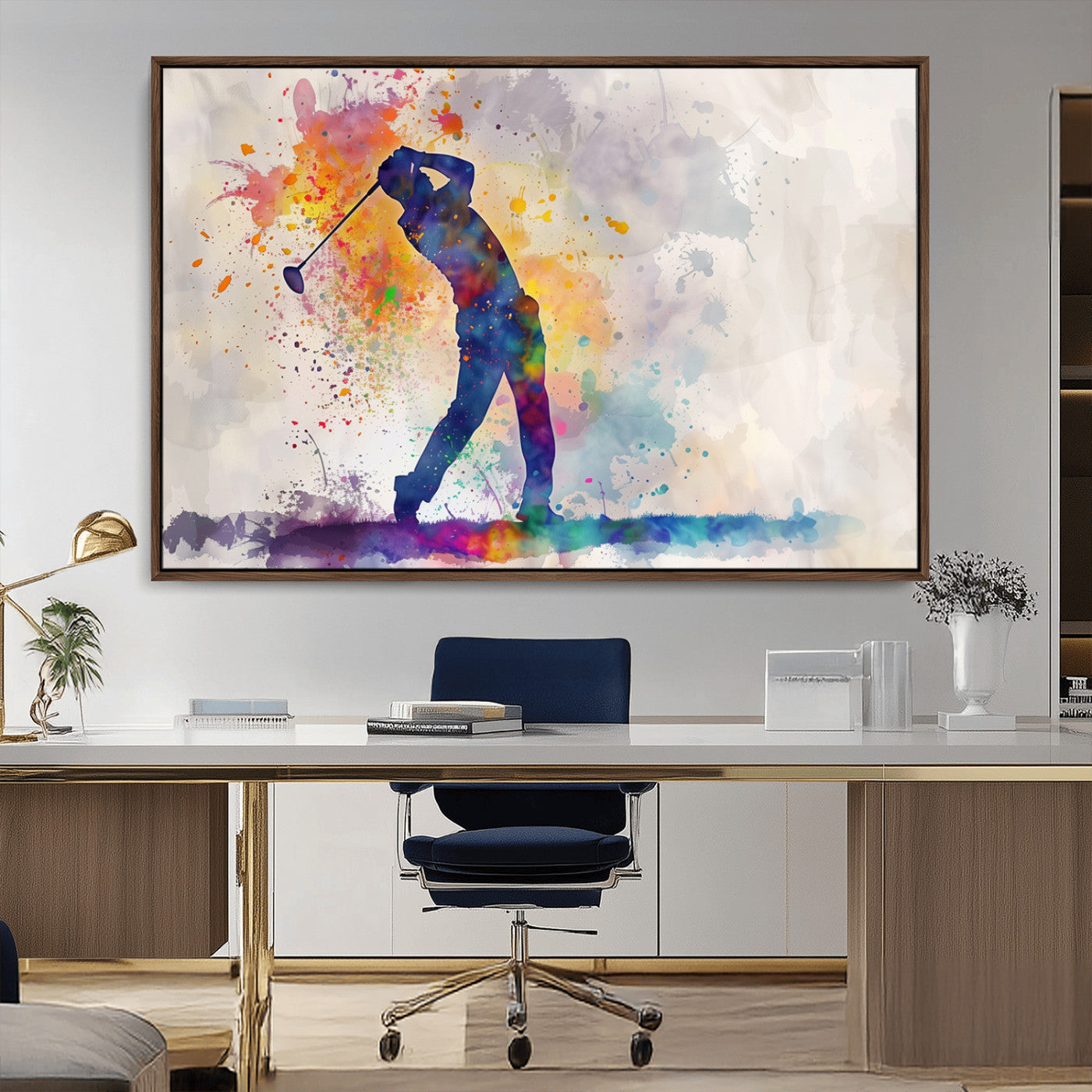 MGV-FC-36X24 - Watercolor Golf Swing Wall Art Canvas Print | Vibrant Abstract Golf Player Silhouette |