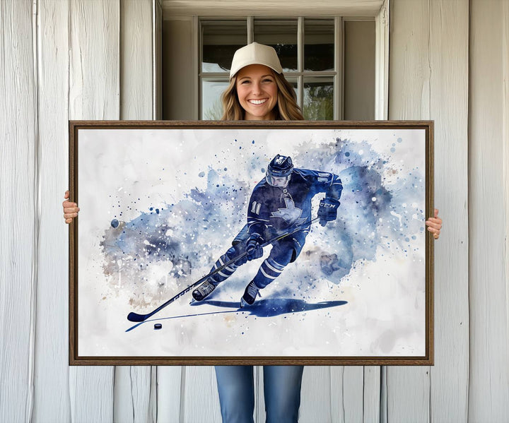 Vibrant Hockey Player Wall Art Display: Blue watercolor print.