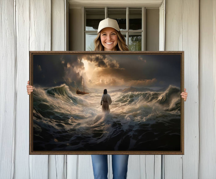 The wall art canvas print depicts a person in white striding on stormy ocean waves towards a sailboat under dramatic skies.