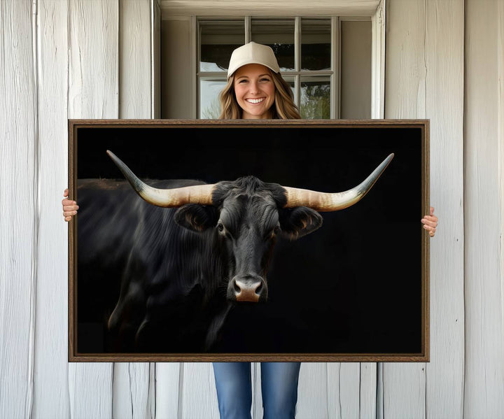 Texas Longhorn Cow | Majestic Black Bull Wall Art Canvas Print - Farmhouse Animal Decor - Ready to Hang