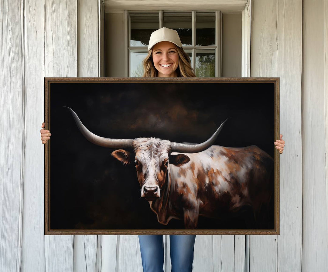 A modern kitchen featuring a Texas Longhorn Wall Art Canvas Print.