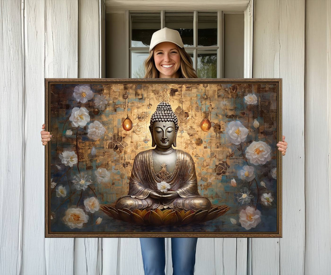 Golden Buddha wall art canvas print on a warm backdrop.