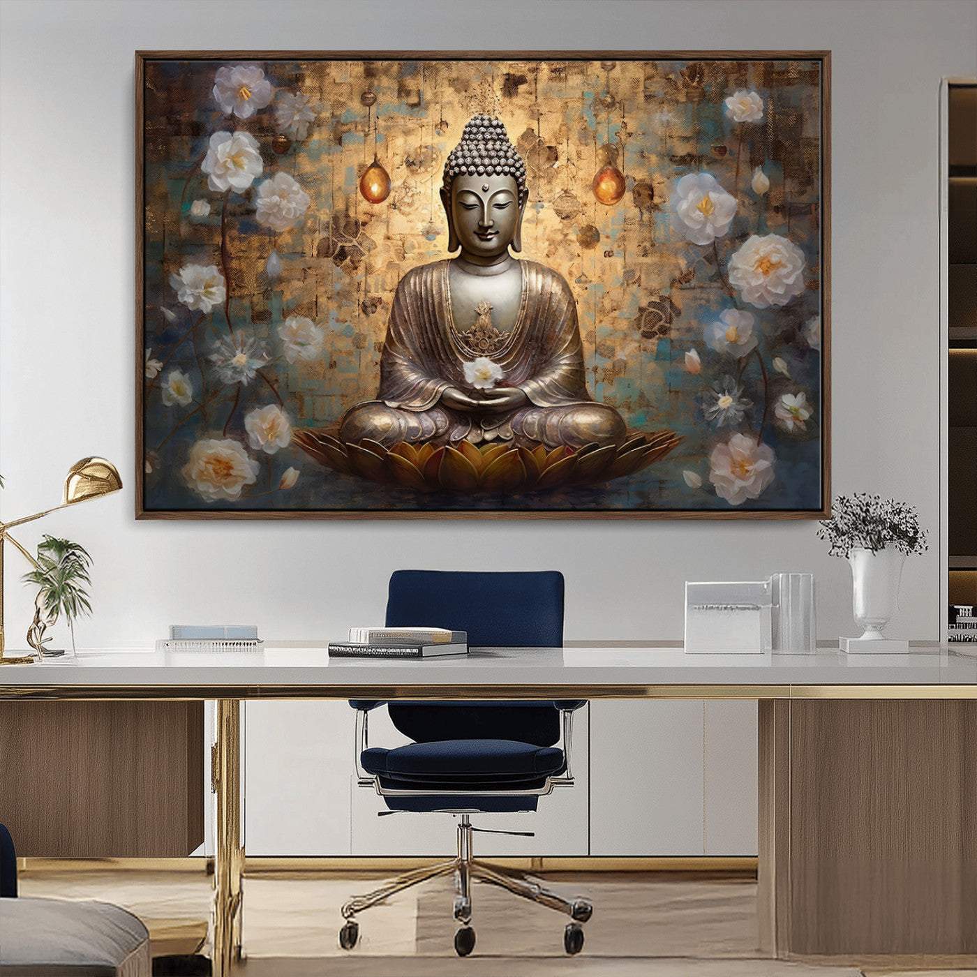 MGV-FC-36X24 - Golden Buddha Wall Art Canvas Print | Zen Meditation Floral Decor | Tranquil Spiritual Home Art |