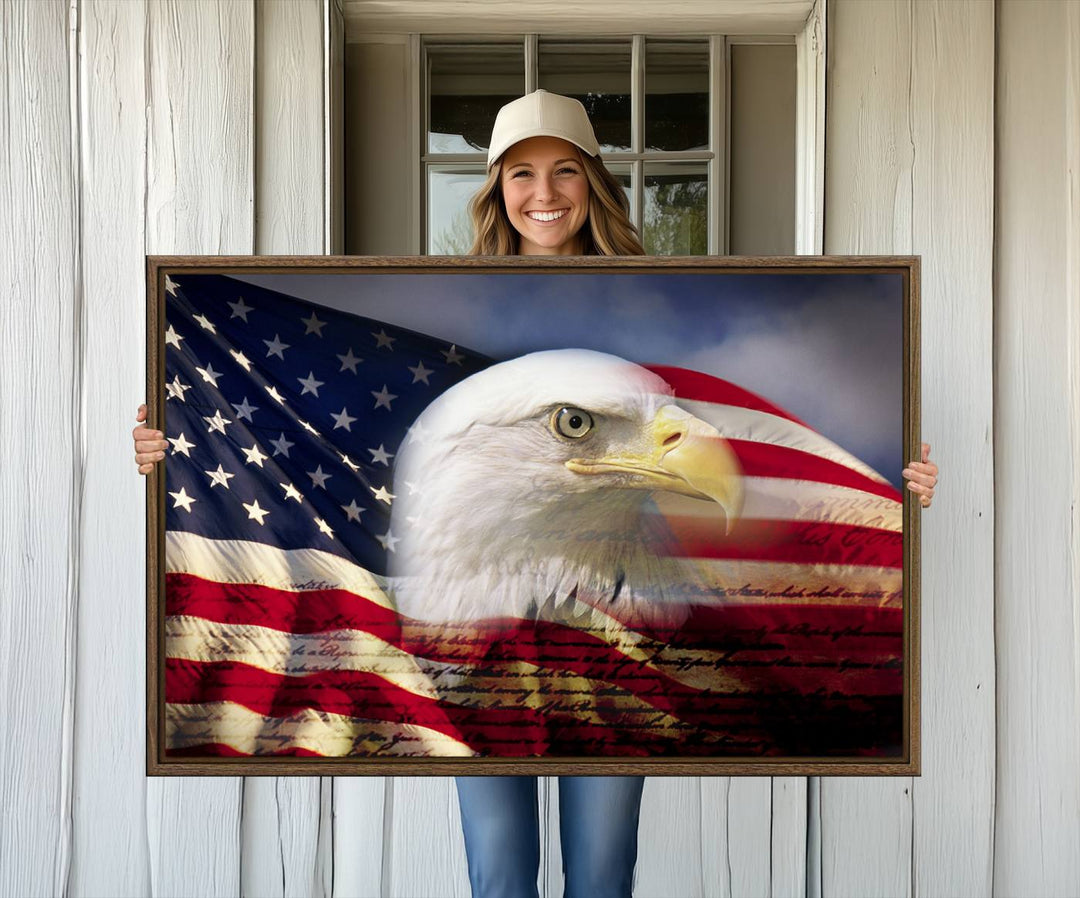 On the wall is an American Flag Eagle Symbol Wall Art Canvas Print.