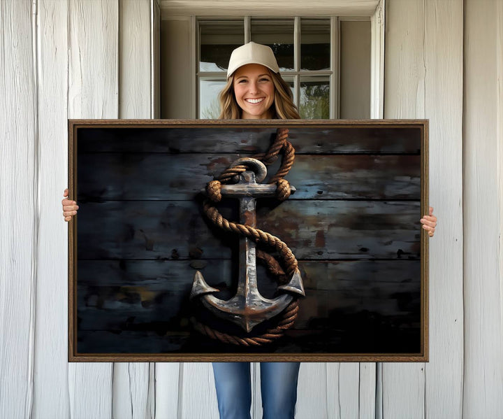 The wooden wall displays a 3 Panel Grunge Abstract Anchor Wall Art Canvas Print Set.