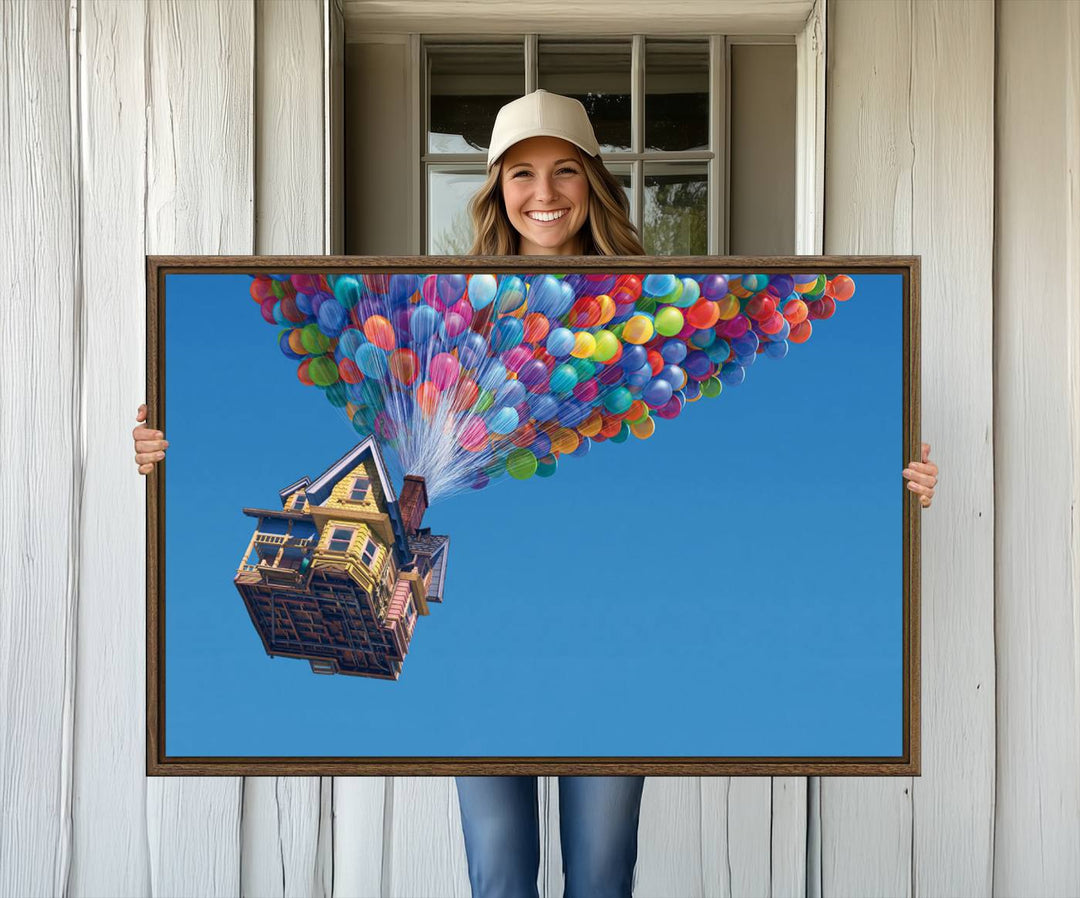 The Up house floats skyward, making it an ideal Carl Fredricksen wall art for kids rooms.