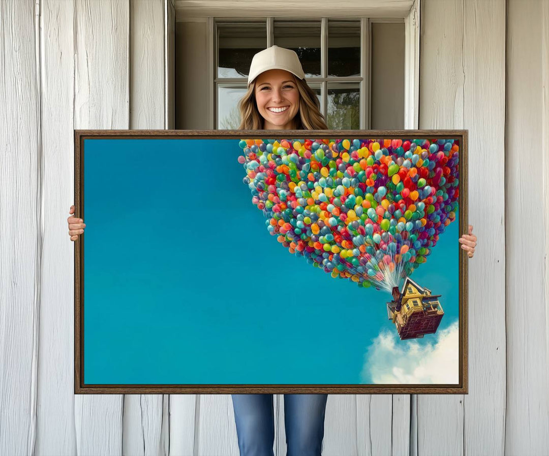 The Carl Fredricksen Up Movie Wall Art, featuring a colorful balloon house, adds vibrant decor to the space.