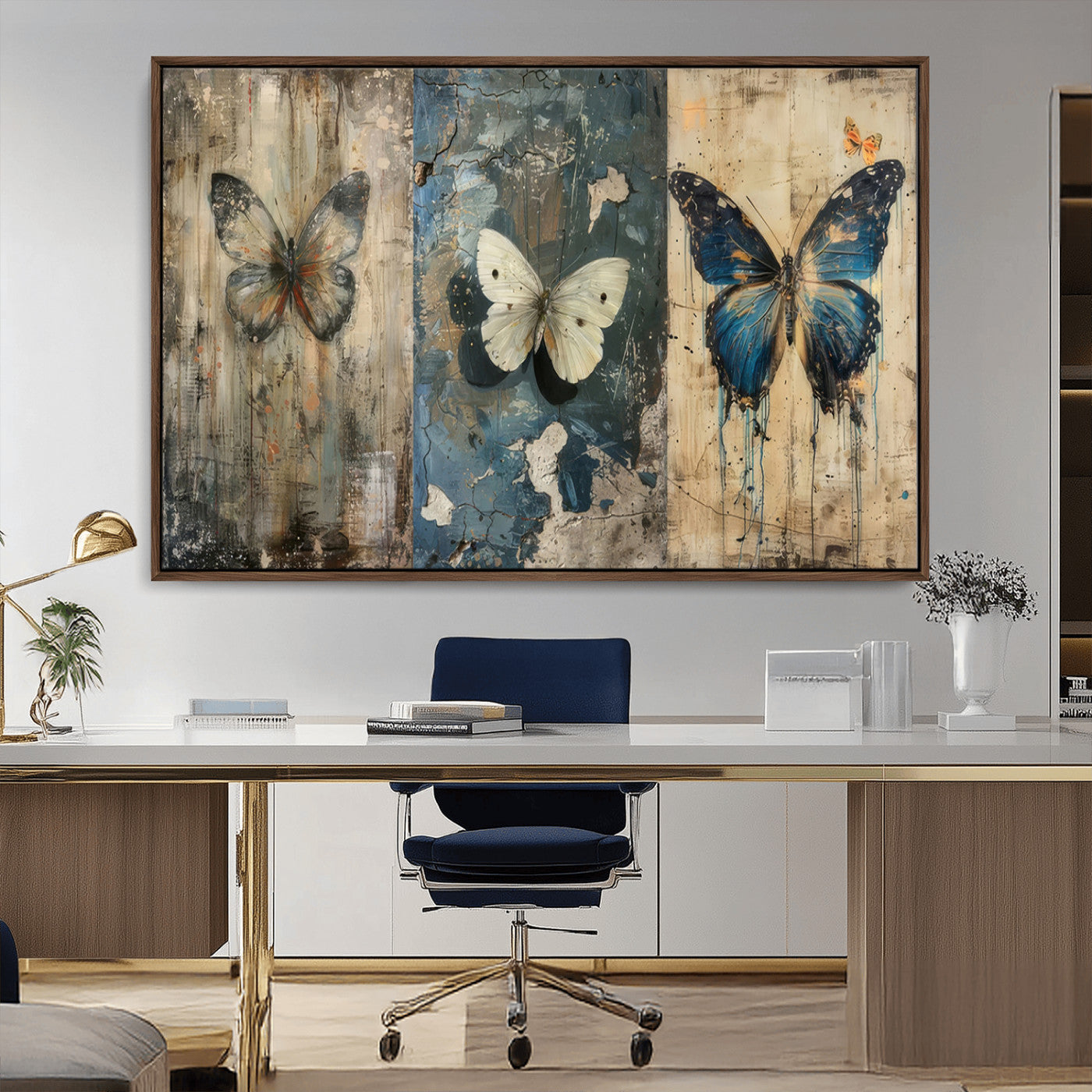 MGV-FC-36X24 - Butterfly Wall Art Trio | Vintage Butterfly Canvas Print | Ready to Hang Framed Artwork for